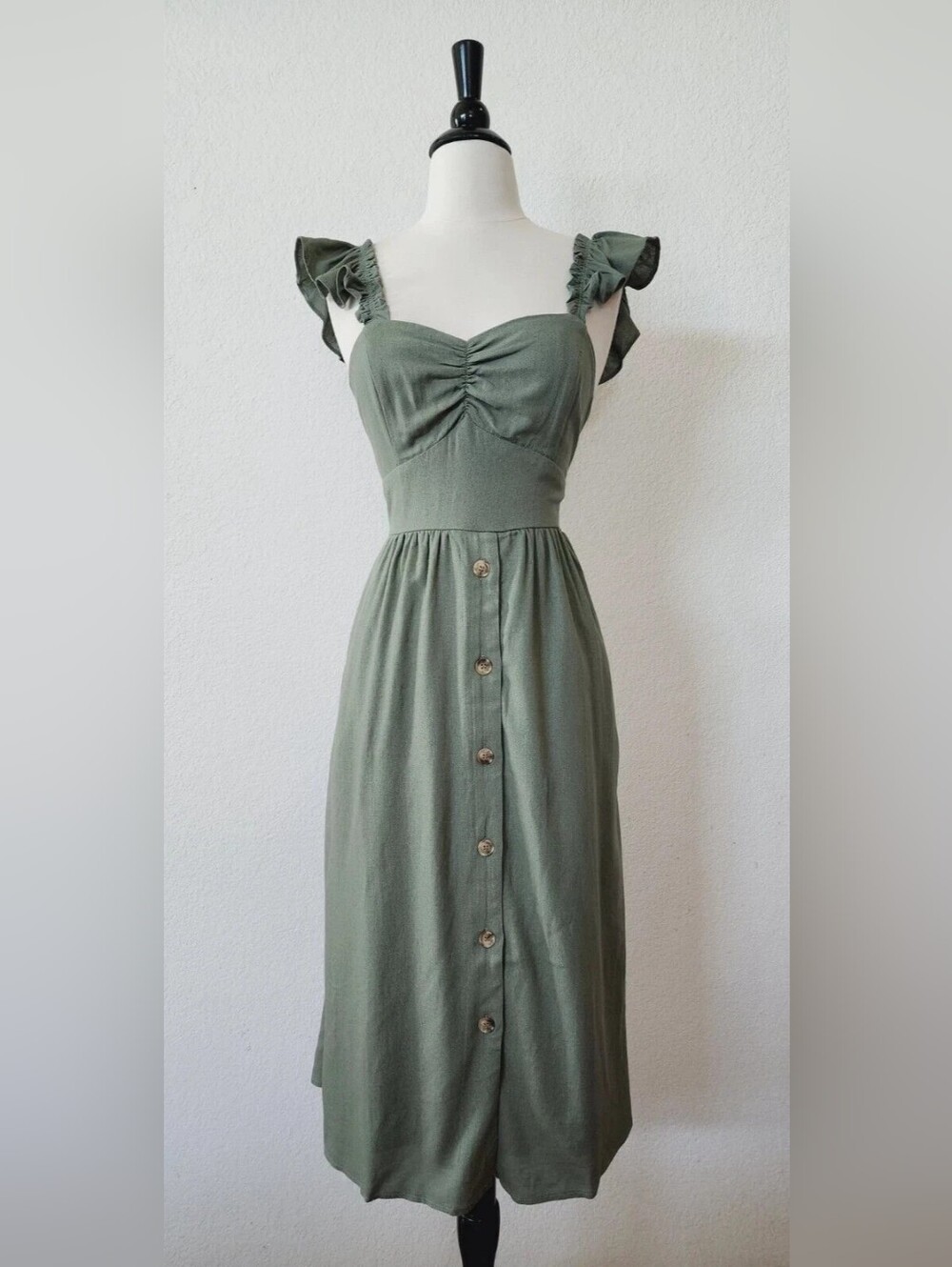 Olive Green Ruffle Strap Midi Dress